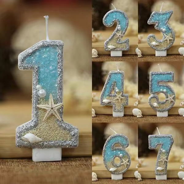 1PC 0-9 Digital Glitter Candles Summer Beach Starfish Birthday Cake Decoration Candles Ocean Themed Party Cake Decoration,