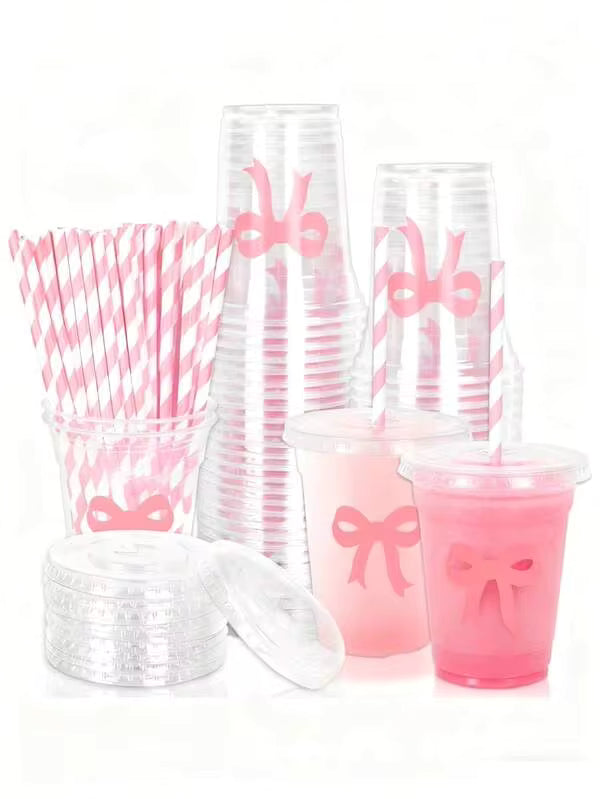 20 Or 40 Pieces Of 12 Oz Pink Bow-Designed Disposable Plastic Cups With Lids And Straws – Elegant And Practical Party Drinkware For Bridal Showers, Baby Showers, Birthdays, And Girl-Themed Celebrations