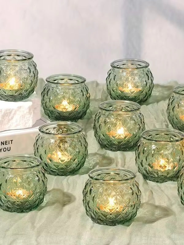 6/1pc Green Glass Candle Holder, Diamond Pattern Design, Suitable For Wedding Centerpiece Decor, Halloween Party Decor, Tabletop Centerpiece Decor, Indoor Home Decor, Family Gathering, Tabletop Decor, Theme Party