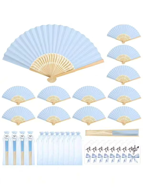 3-60pcs Elegant Folding Hand Fan Set, Includes Thank You Card And Gift Bag, Bamboo Bridal Hand Fan, Suitable As Bridesmaid Gift And Wedding Decor, Perfect For Parties, Events, And Summer Accessory, 1pc