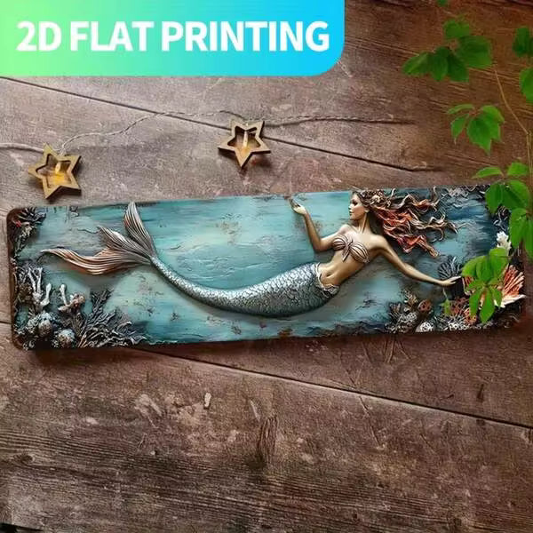 2D Flat, 1pc Vintage Mermaid Metal Wall Decor - Large 15.7x3.9 Inch Retro Coastal, Teal Oceanic Colors - Pre-Drilled Holes For Easy Hanging - Farmhouse, Gothic, Beach House Decoration